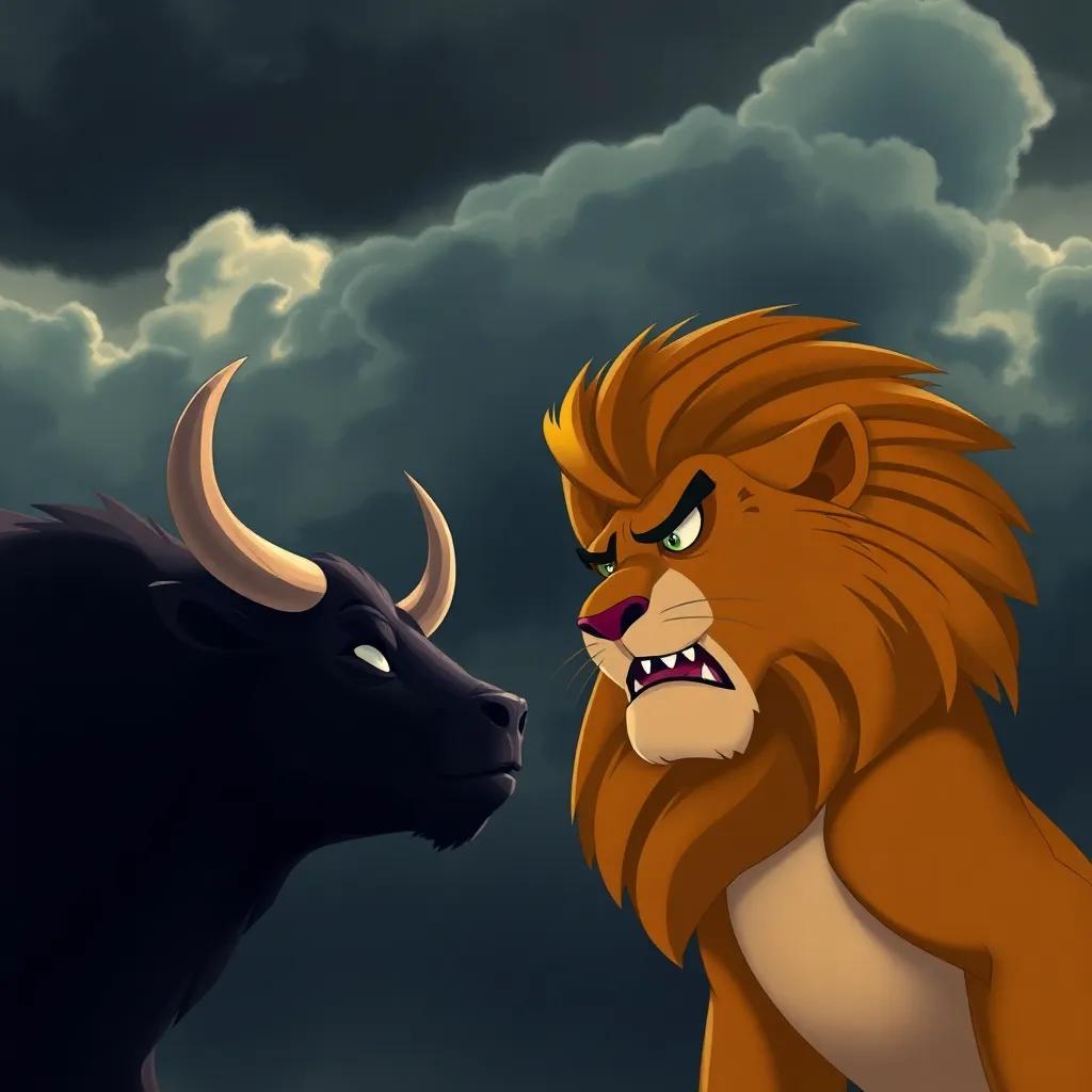 An intense confrontation between the lion and bull, the lion looking angry and the bull confused, dark stormy clouds above them, dramatic lighting, high quality, conflict scene