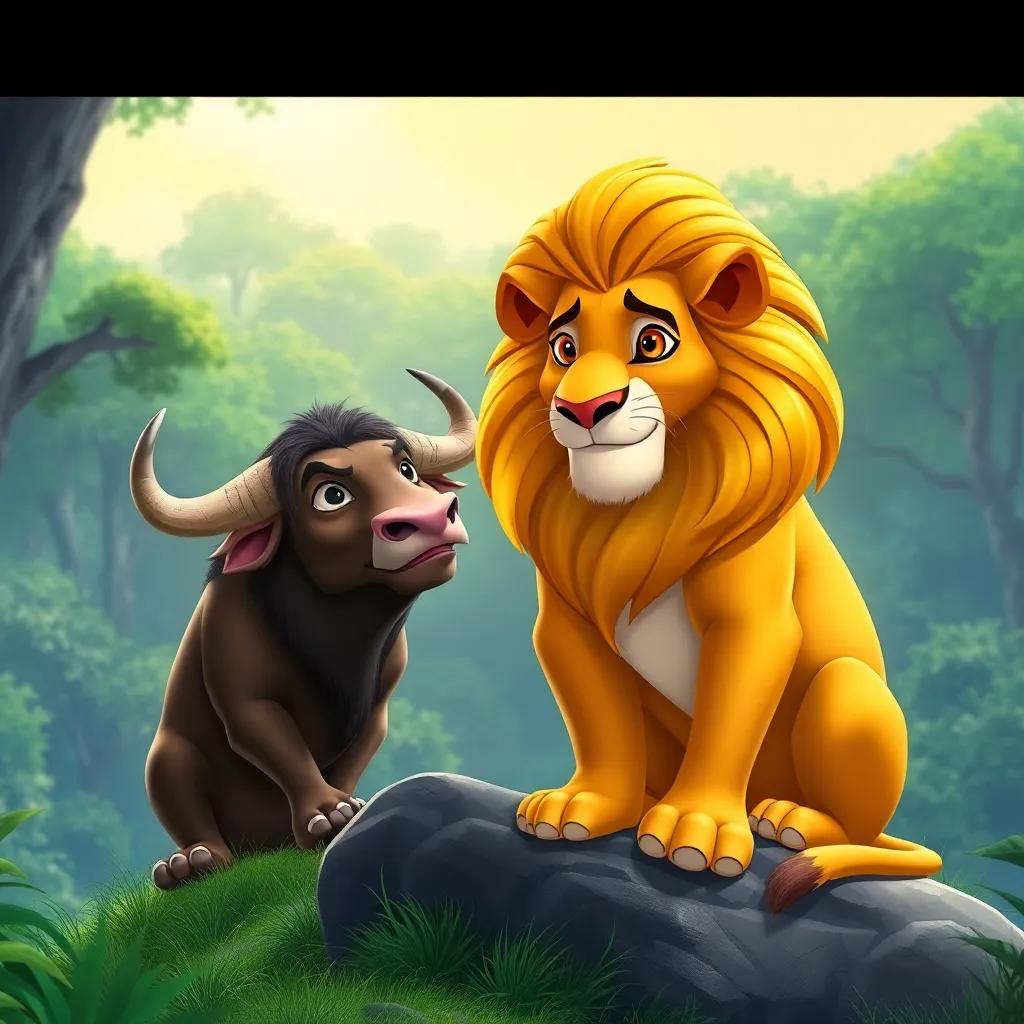 A majestic lion, with a golden mane, sitting proudly on a rock in a lush green forest, speaking to a friendly bull, with strong horns and a gentle expression, digital art, vibrant colors, sunny atmosphere, high quality