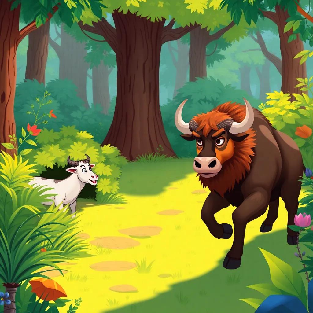 A brave bull, running towards a scared goat hiding behind bushes, with a fierce lion standing protectively nearby, in a colorful forest scene, illustration, bright colors, child-friendly, uplifting