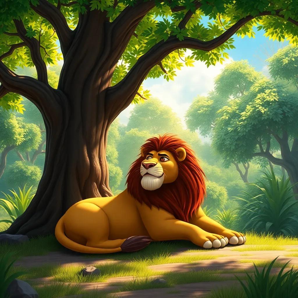 A strong lion resting under a big tree in a beautiful forest, sunny day, lush greenery surrounding, realistic and vibrant colors, heartwarming scene, full of life