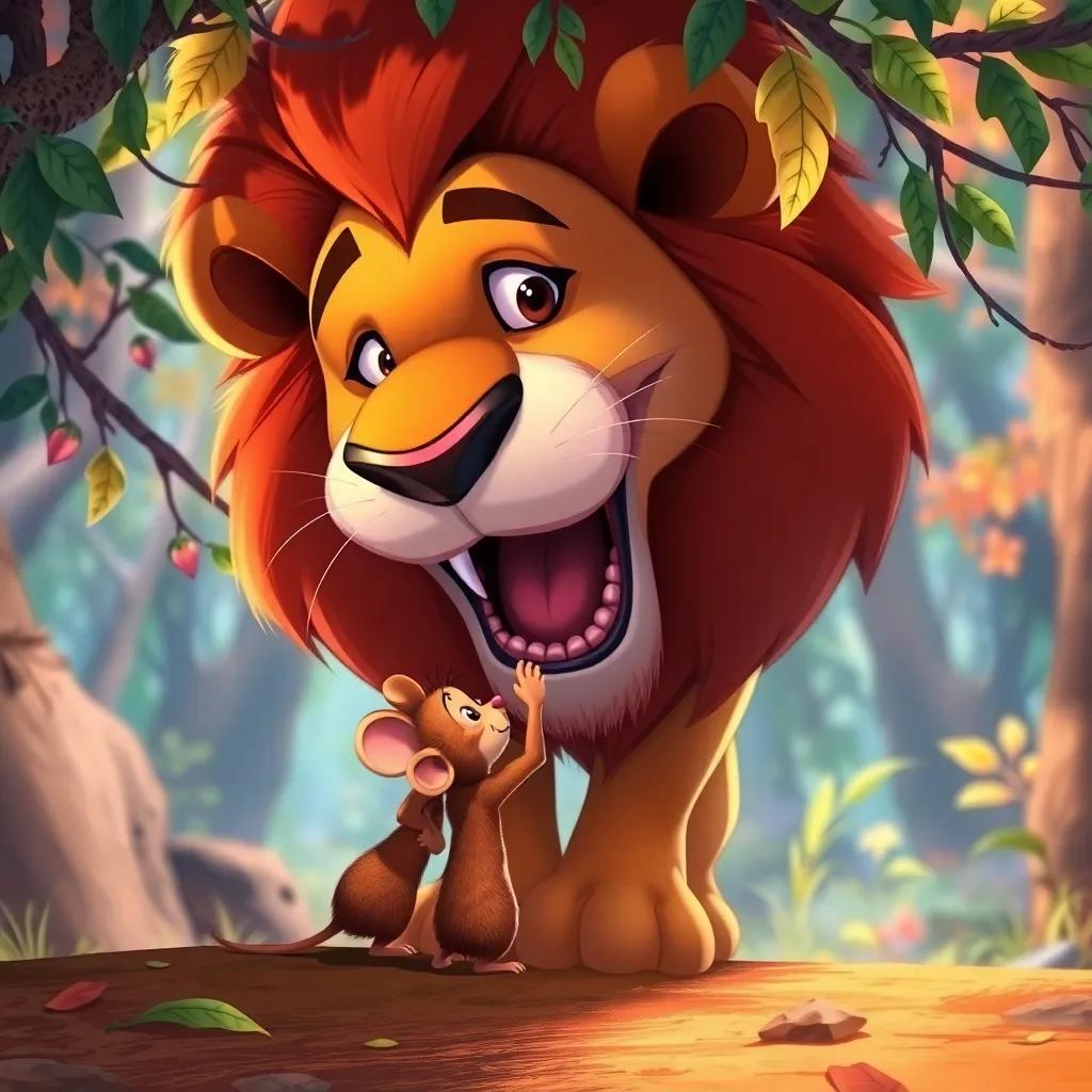 A small brown mouse helping a big lion who is stuck under branches, the mouse is using its sharp teeth to free the lion, the forest background is colorful, capturing the moment of friendship, uplifting atmosphere, detailed illustration