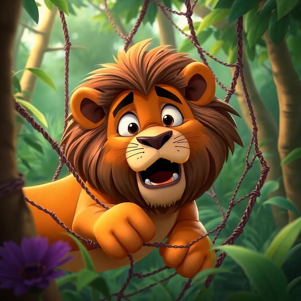 A strong lion named Asdoor, caught in a hunter's net in a dense green forest, looking worried and calling for help, digital art, vibrant colors, dynamic composition, child-friendly