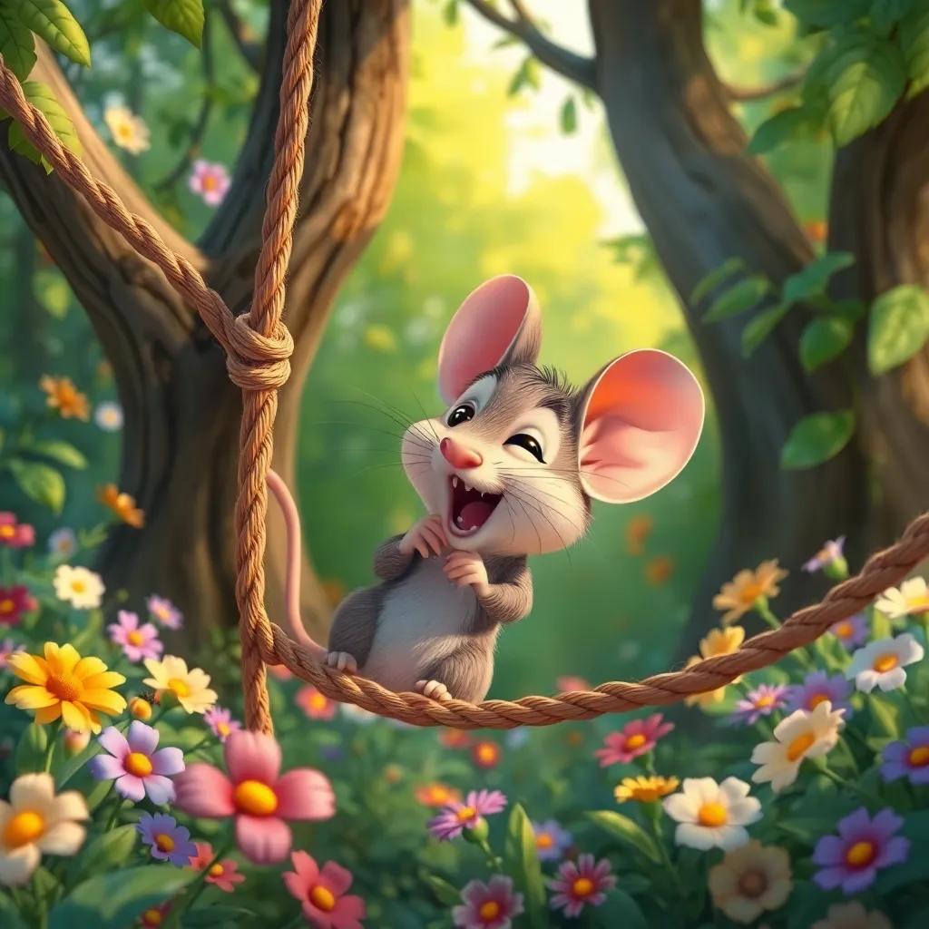 A small mouse named Farfour, bravely chewing through the ropes of the net to save Asdoor, surrounded by a lush forest with colorful flowers, cheerful atmosphere, digital illustration, high quality