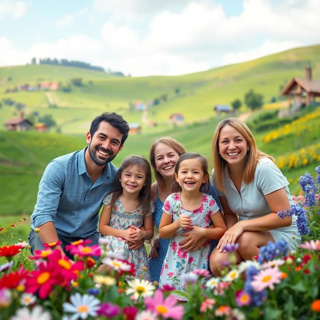 A happy family in a beautiful village with green fields and colorful flowers, smiling and playing together, digital art, bright colors, cheerful atmosphere, high quality