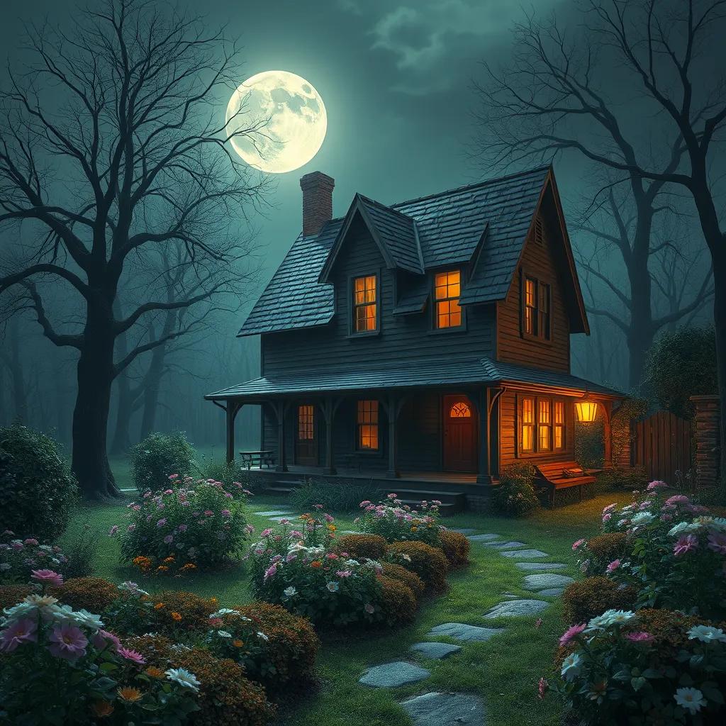 A spooky old house in a small, quiet village, with a beautiful garden filled with flowers and soft moonlight, digital art, warm colors, inviting atmosphere, high quality
