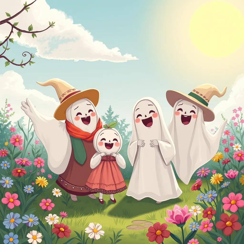 A family of friendly ghosts, wearing old-fashioned clothes, playing and laughing in the garden, surrounded by colorful flowers and a bright sky, illustration, cheerful, fantasy-themed, child-friendly