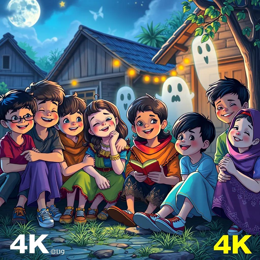 Children from the village, diverse ethnicity, sitting together with smiles, listening to the stories of the friendly ghosts, bright colors, joyful atmosphere, high quality