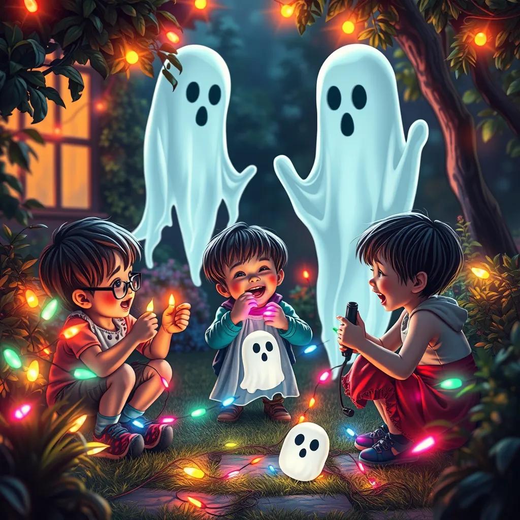 Children decorating the garden with colorful lights for the ghostly party, with laughter and excitement, detailed digital art, festive vibe, warm lighting