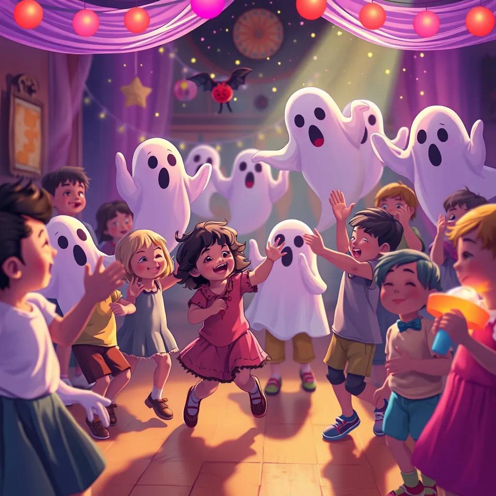 A heartwarming scene of children dancing and enjoying the party with friendly ghosts, vibrant colors, joyful atmosphere, capturing the spirit of togetherness, high quality