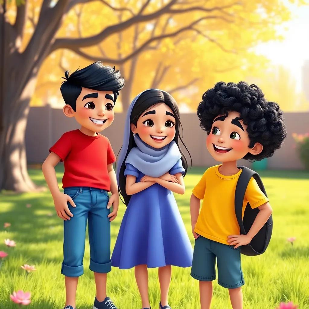 Three friends - Sami, a Middle-Eastern boy with short black hair wearing a red t-shirt and jeans, Leila, a Middle-Eastern girl with long black hair wearing a blue dress, and Ali, a Middle-Eastern boy with curly black hair wearing a yellow shirt. They are gathered in a sunny backyard filled with trees and laughter, digital art, vibrant colors, cheerful atmosphere, high quality.
