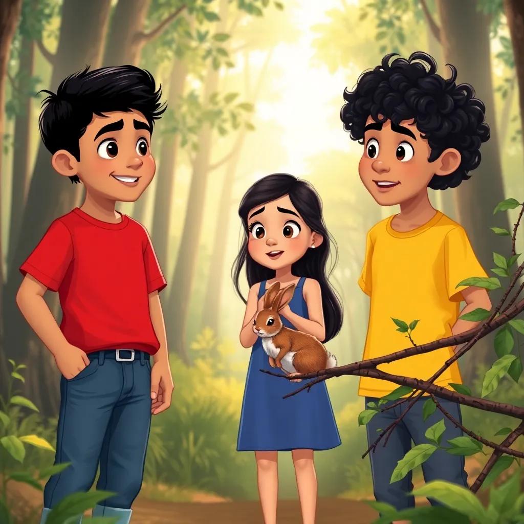 Three friends - Sami, a Middle-Eastern boy with short black hair wearing a red t-shirt and jeans, Leila, a Middle-Eastern girl with long black hair wearing a blue dress, and Ali, a Middle-Eastern boy with curly black hair wearing a yellow shirt. They are standing in a forest looking surprised at a little rabbit stuck in some branches, beautiful nature background, illustration, warm light, inviting scene, high quality.