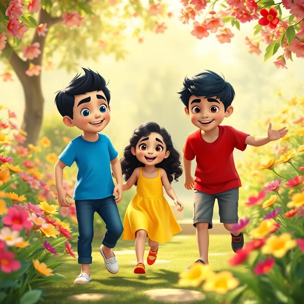Three friends, Walid, a young Arab boy with short black hair, wearing a blue t-shirt and jeans, Sara, a young Arab girl with long curly hair, wearing a yellow dress, and Farouk, a young Arab boy with medium-length black hair, wearing a red shirt, playing together in a vibrant flower garden, colorful flowers blooming all around, sunlight filtering through the trees, cheerful atmosphere, digital art, bright colors, playful mood