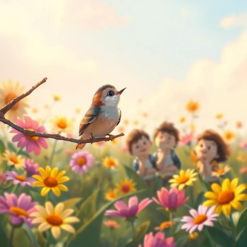 A small bird perched on a branch, looking curiously at the three friends playing in the flower garden, background filled with smiling flowers and soft clouds, digital painting, warm lighting, inviting scene, friendly vibe