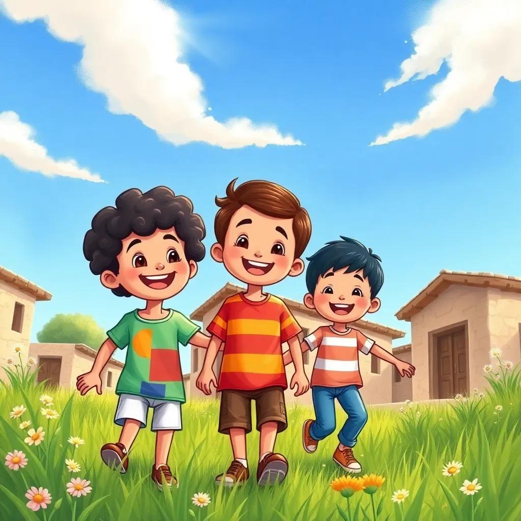 In a small village, three friends: Sami, a cheerful Arabic boy with curly hair wearing a colorful t-shirt, Ali, a boy with straight hair wearing a striped shirt, and Youssef, a tall boy wearing jeans, playing together under a bright blue sky, surrounded by green grass and flowers, joyful atmosphere, vibrant colors, detailed cartoon art, friendly, heartwarming