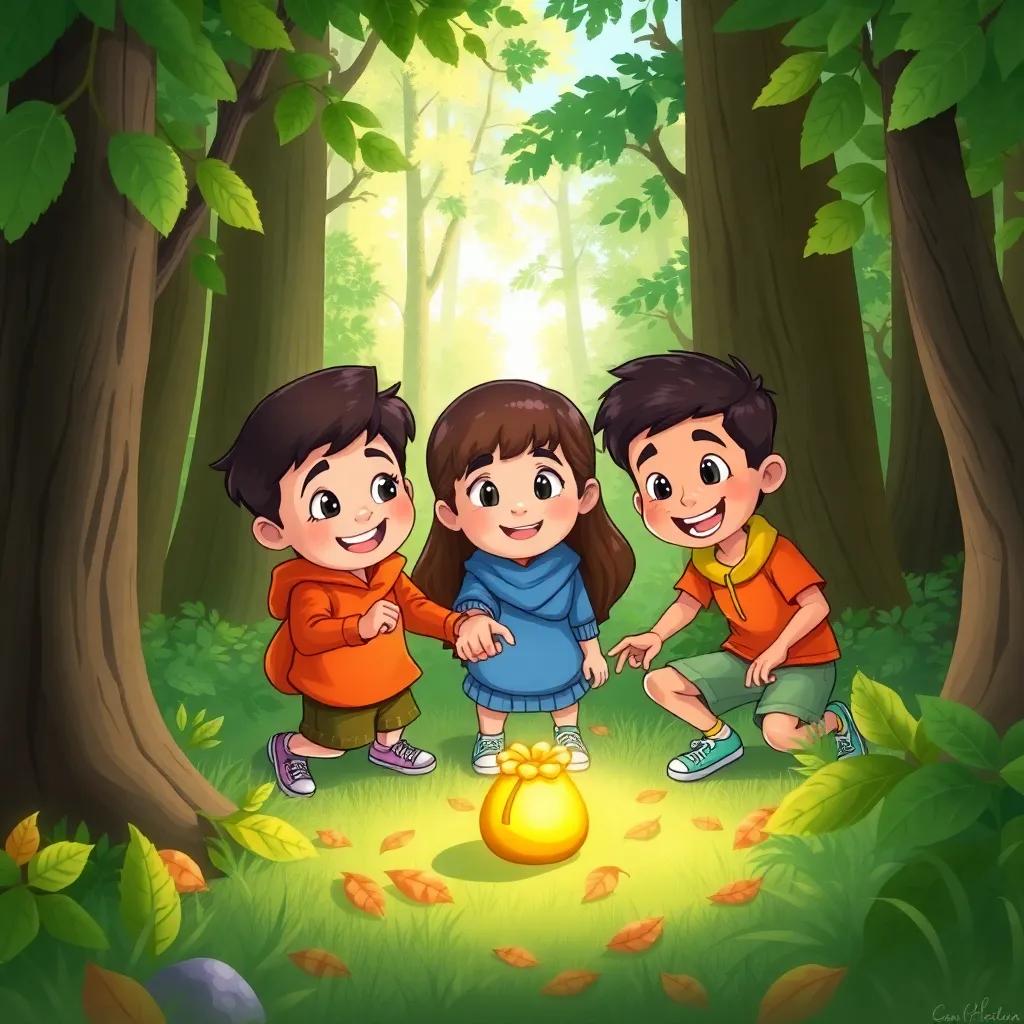 The three friends in a beautiful green forest, excitedly finding a small shining bag on the ground among trees and leaves, Sami pointing at it gleefully, visualizing their happiness and curiosity in their expressions, digital art, bright, engaging, colorful, inviting
