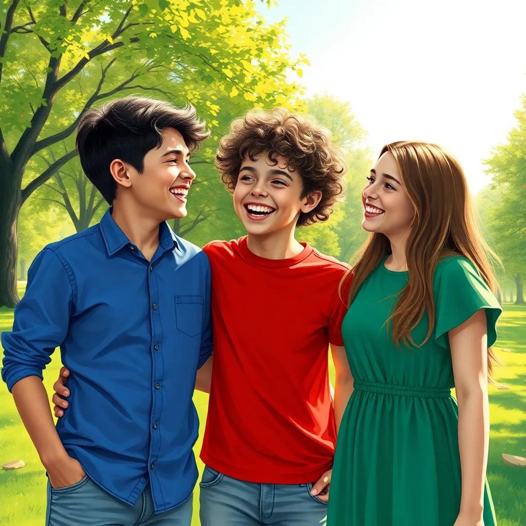 Three friends in a bright sunny park, laughing together, a boy with dark hair wearing a blue shirt, a boy with curly hair wearing a red t-shirt, and a girl with long hair wearing a green dress, joyful expression, cheerful atmosphere, digital art, vibrant colors, high quality
