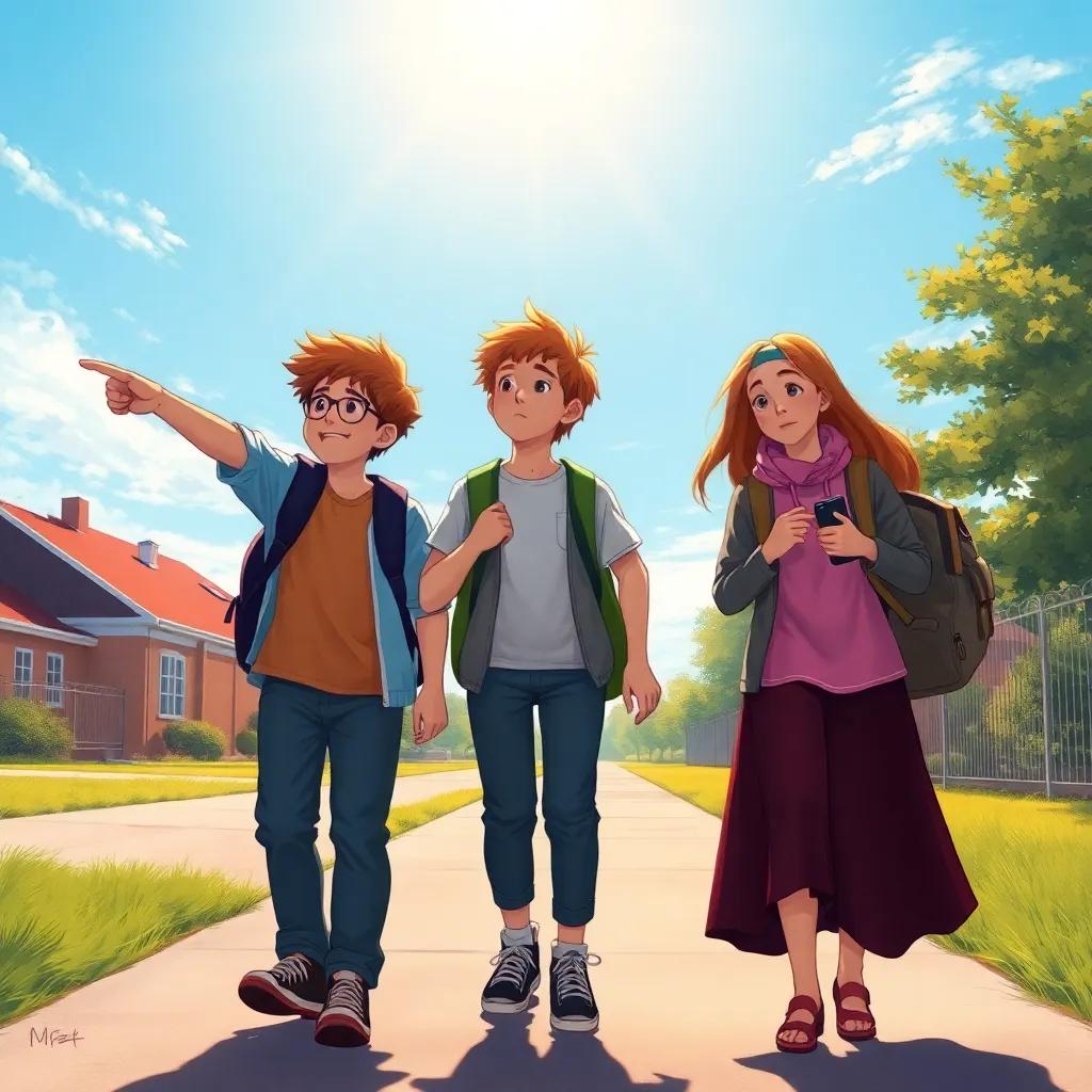 The three friends walking towards school, one boy pointing ahead excitedly, girl looking concerned, bright blue sky, warm sunlight casting shadows, illustration, warm inviting colors, storytelling perspective, high quality