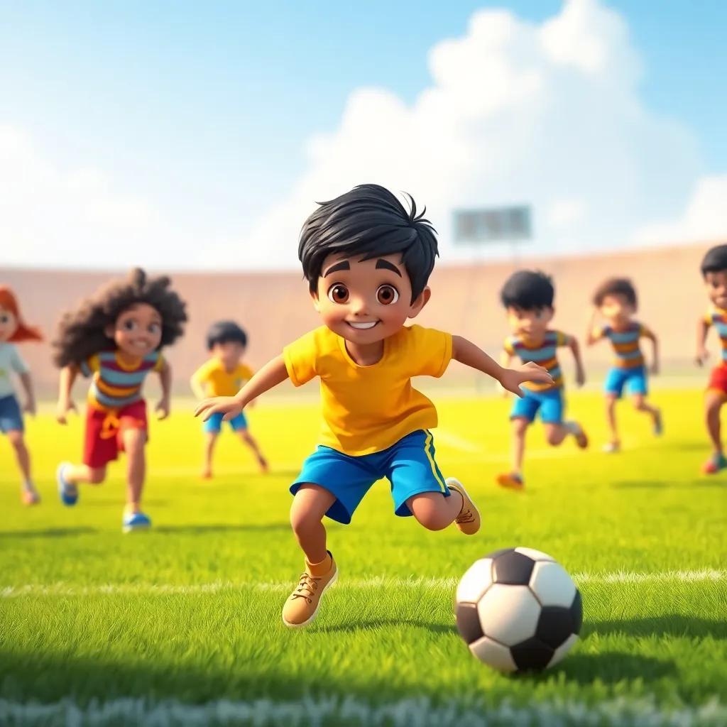 A young Arab boy, Ali, with short black hair, wearing a yellow t-shirt and blue shorts, playing football on a vibrant green field surrounded by friends, sunny day, cheerful atmosphere, digital art, lively colors, high quality