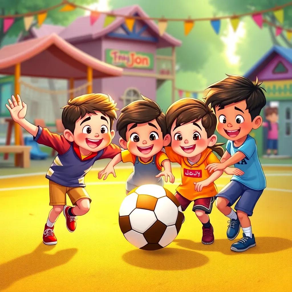 A group of young children, including Ali and Sami, having fun playing football together on a joyful playground, colorful surroundings, detailed illustration, warm light, friendly and inviting vibe, high quality