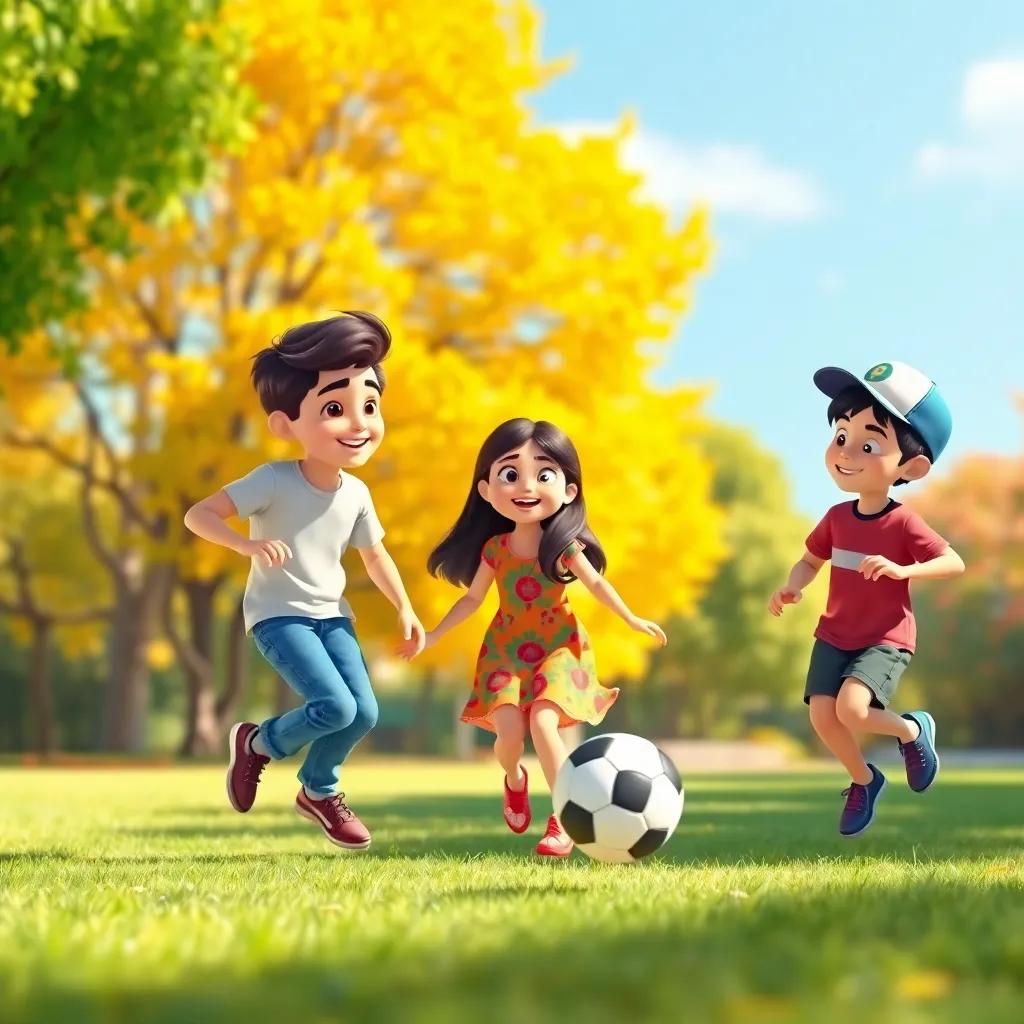 Three friends, Sami (a young Arab boy, wearing jeans and a t-shirt), Leila (a young Arab girl, with long dark hair, wearing a colorful dress), and Ali (a young Arab boy, wearing a cap and shorts), playing soccer in a sunny park, vibrant trees in background, cheerful, sunny day, digital art, bright, joyful atmosphere, high quality