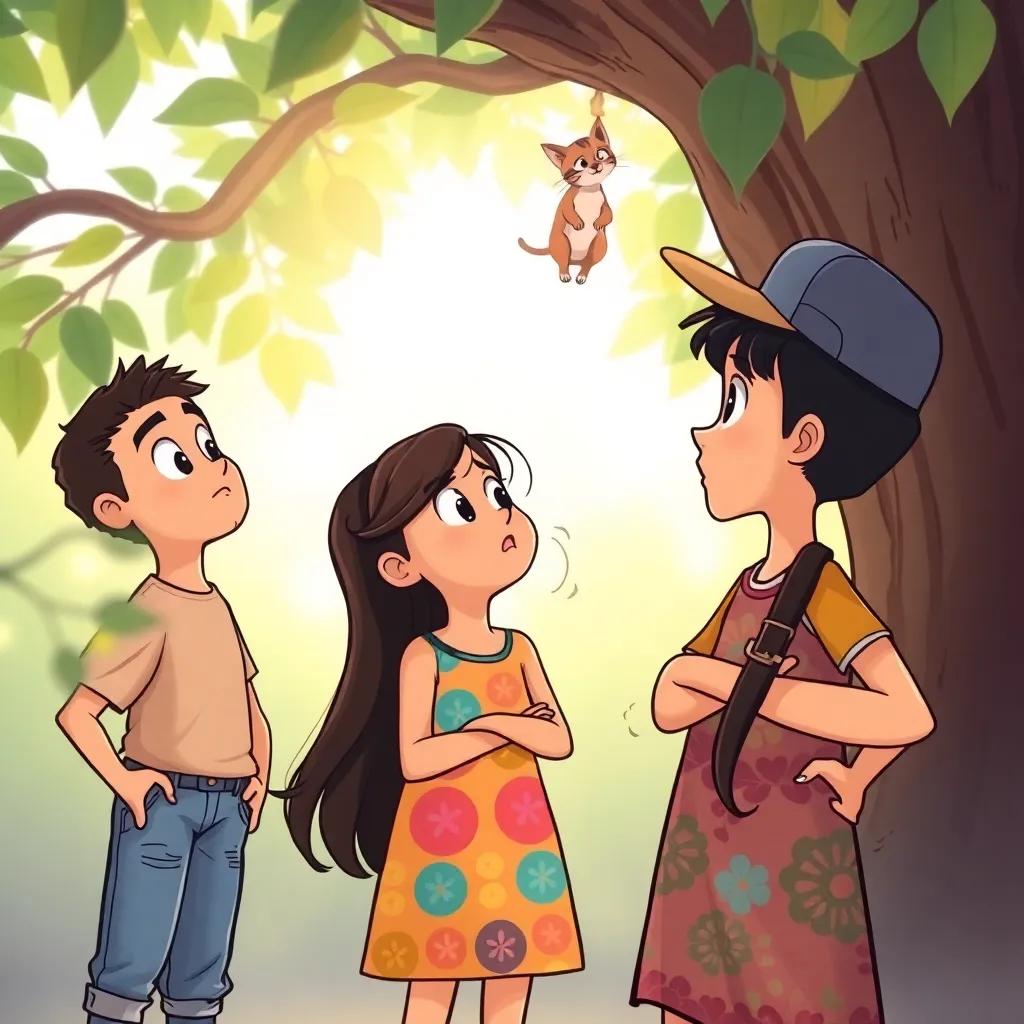 Sami (a young Arab boy, wearing jeans and a t-shirt), Leila (a young Arab girl, with long dark hair in a colorful dress), and Ali (a young Arab boy with a cap), looking up at a tall tree where a small cat is stuck, worried expressions, soft sunlight filtering through leaves, illustration, colorful, engaging, child-friendly