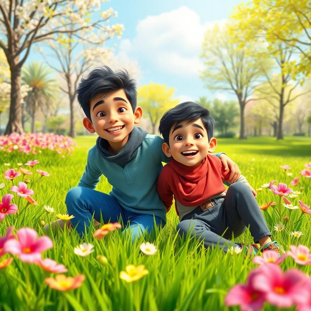 A sunny day in a park with green grass and blooming flowers, two young Arab boys, Ali and Sami, smiling and playing together, bright colors, cheerful atmosphere, high quality