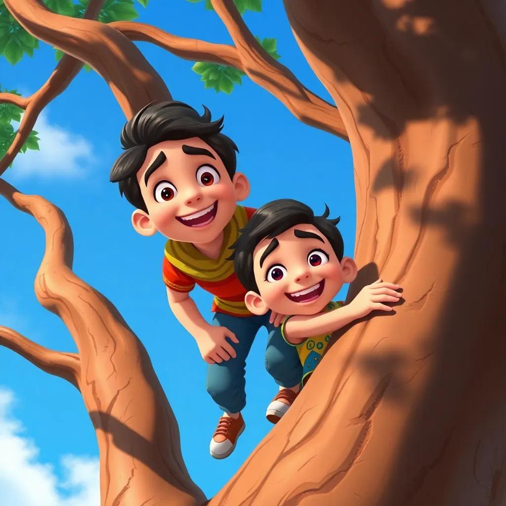 Ali and Sami climbing a big tree, with their faces full of joy and excitement, blue sky in the background, vibrant colors, detailed art, heartwarming scene