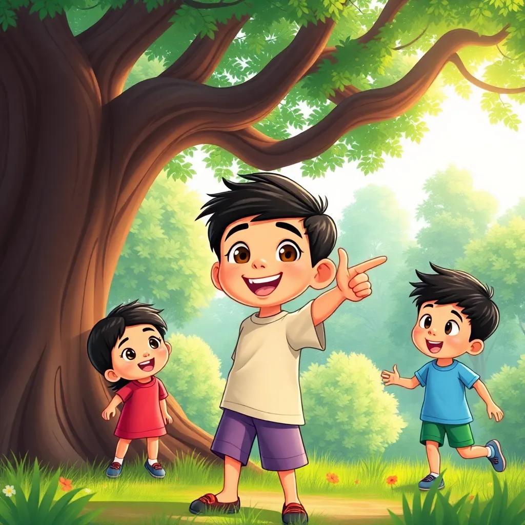 Three children playing under a big tree, Ali, a Middle-Eastern boy with short black hair, wearing a t-shirt and shorts, smiling and pointing excitedly at the forest, colorful illustration, bright colors, joyful atmosphere, high quality
