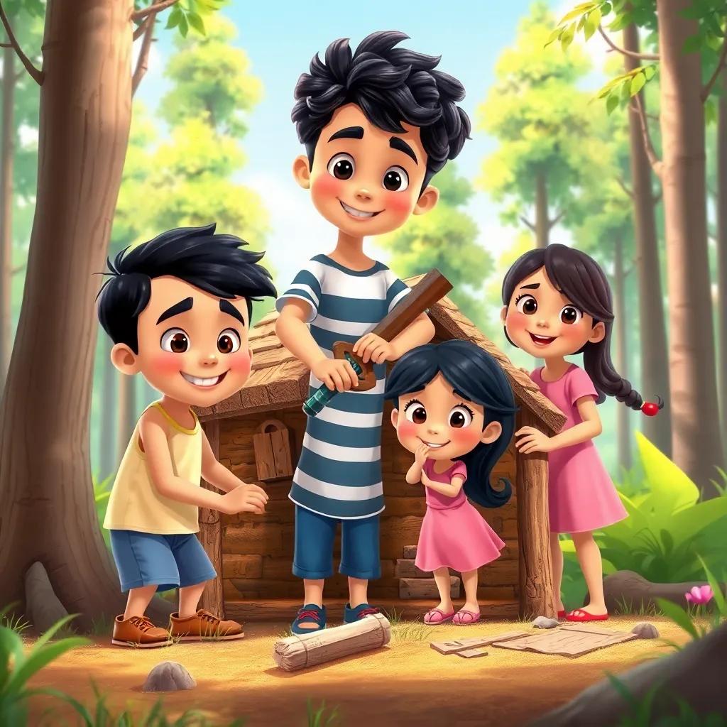 Three children building a house in the forest, Ali, a Middle-Eastern boy with short black hair, Sami, a Middle-Eastern boy with curly black hair wearing a striped shirt, and Samer, a Middle-Eastern girl with long dark hair in a pink dress, smiling while they work, summer day, cheerful colors, child-friendly, imaginative scene, vibrant detail