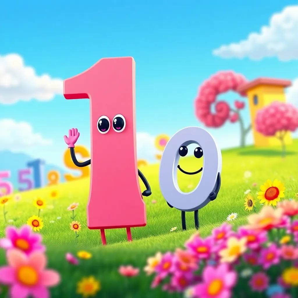 A colorful illustration of numbers in a vibrant land, with the number one proudly standing at the front, a smiling zero beside him, bright and cheerful atmosphere, digital art, friendly and engaging, high quality