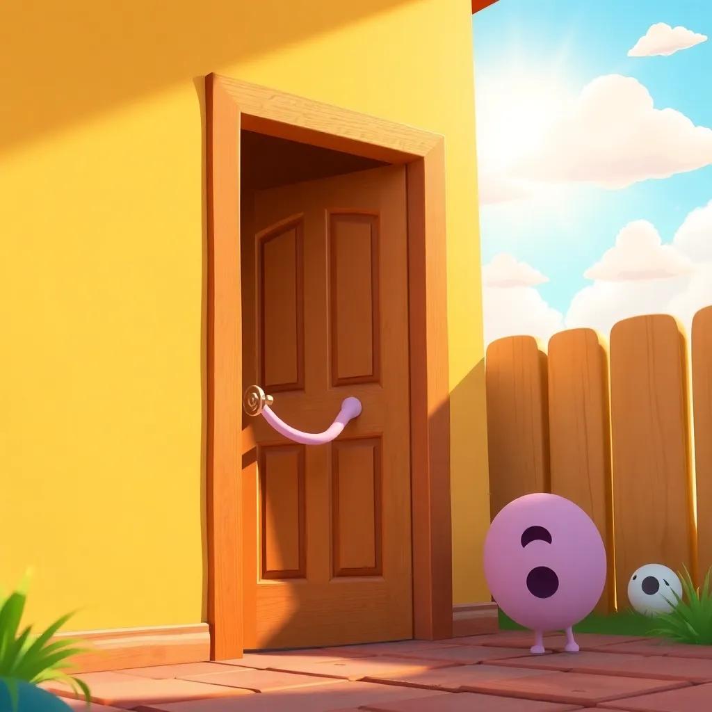 A lively scene with the number two knocking on the door of the numbers scene, with sunlight and playful clouds in the background, showing excitement and friendship, colorful illustration, inviting and joyful mood, high quality