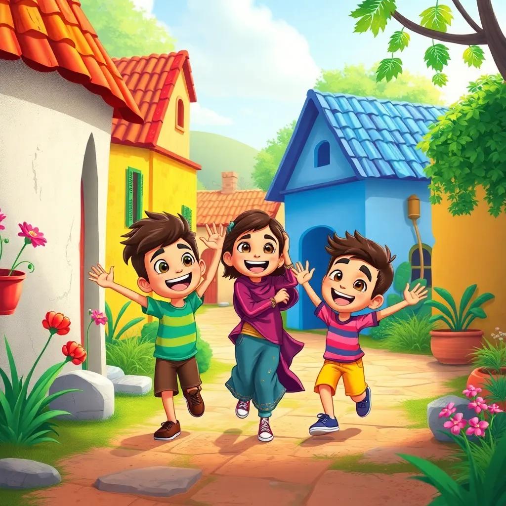 A colorful village scene with three friends, Ali, Mariam, and Samir, playing together excitedly, vibrant colors, cheerful atmosphere, cartoonish style, joyful expression