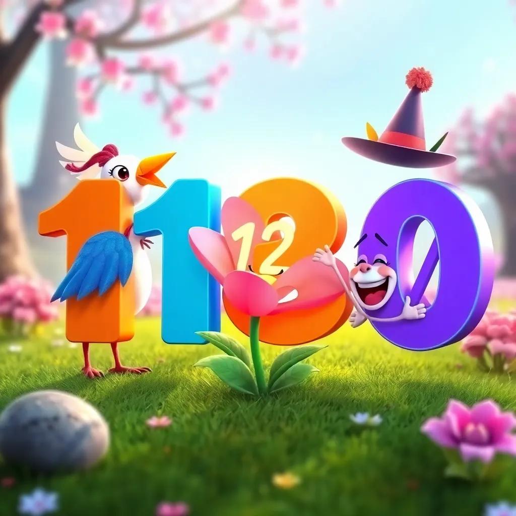 A playful depiction of numbers 11 to 20 animated as characters, with 11 as a beautiful bird, 12 as a flower blooming in spring, 13 wearing a silly hat, and 14 laughing, surrounded by a magical setting, colorful, whimsical, engaging visuals