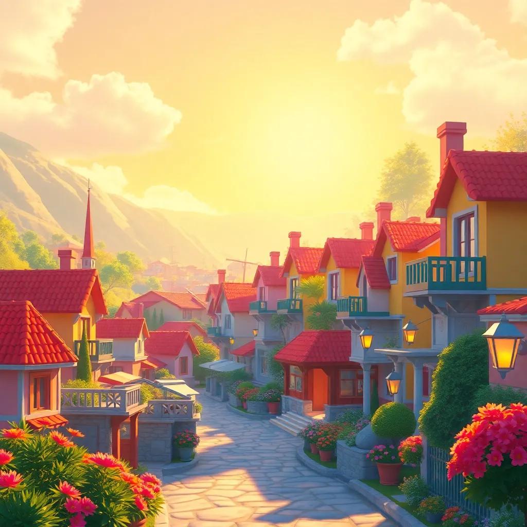 A bright and colorful village with warm colors like red and orange illuminating the sunshine, digital art, vibrant, cheerful atmosphere, high quality