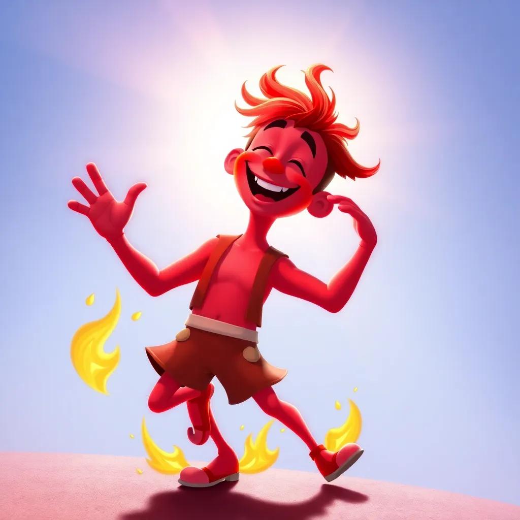 A lively red character dancing with joy in the sun, wearing a fun outfit, featuring flames around him, joyful expression, digital painting, bright and energetic