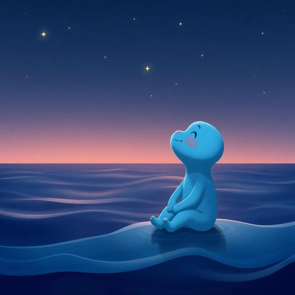 A calm blue character sitting by the deep ocean with a serene expression, looking up at twinkling stars, surrounded by gentle waves, peaceful art style, soft lighting