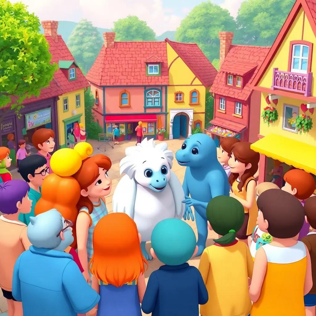 A gathering of colorful characters in the village square, vibrant interactions between warm and cool colors, friendly energy, heartwarming scene, community spirit, colorful art
