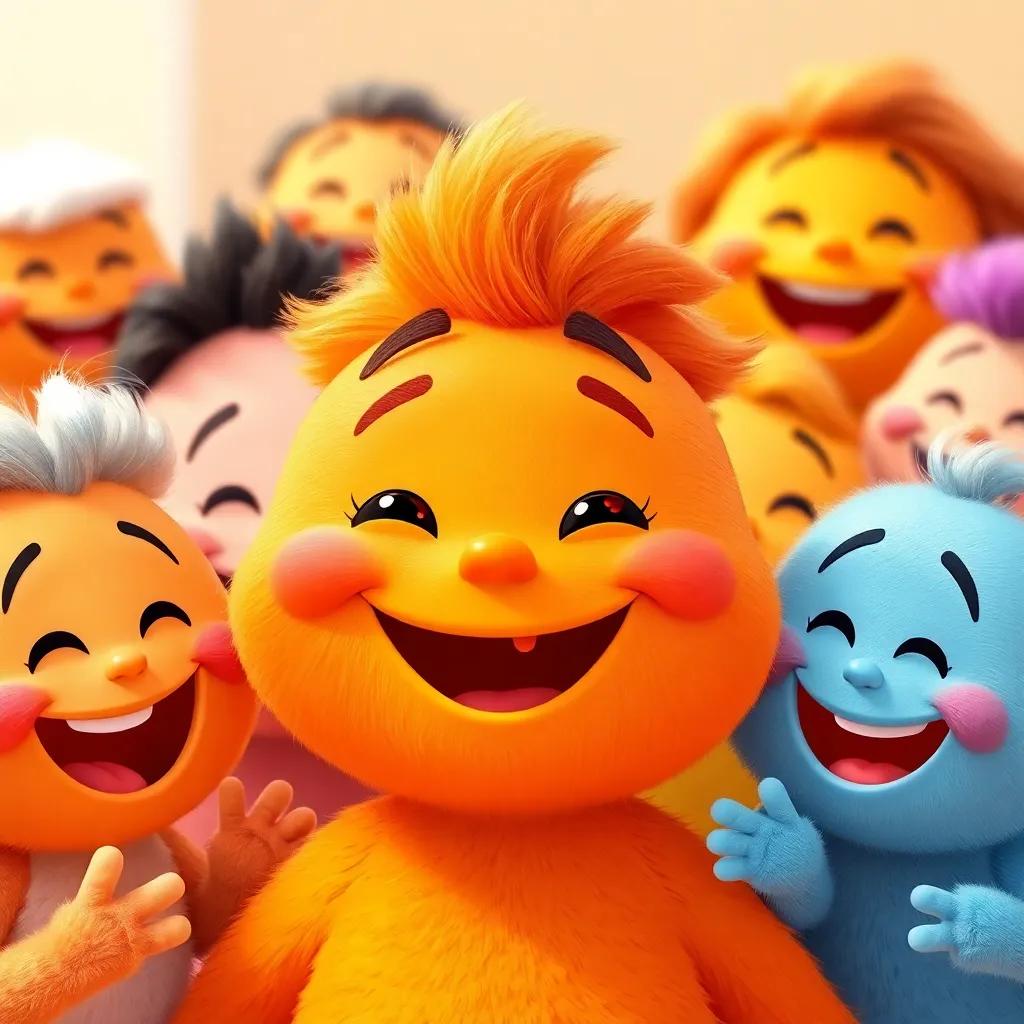 A cheerful orange character blending the warm and cool colors, smiling and surrounded by happy friends, bright colors, uplifting, collaborative scene, high quality