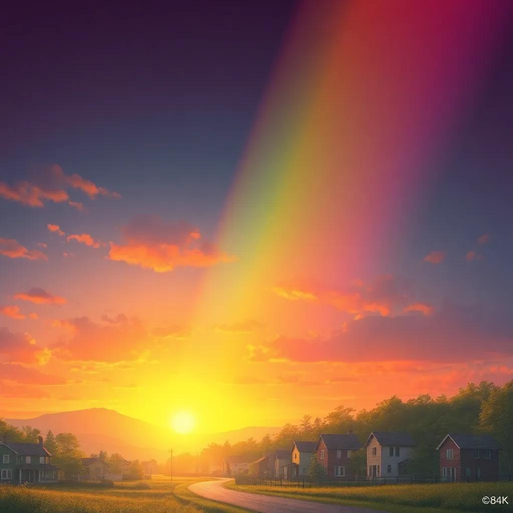 A harmonious scene depicting a sunset where warm and cool colors merge, creating a beautiful rainbow over the village, tranquil, artistic, picturesque