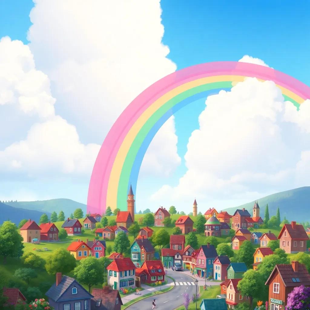 A cheerful rainbow stretching across the sky over a beautiful village, with all colors smiling, representing unity and friendship, vibrant, heartwarming, digital art