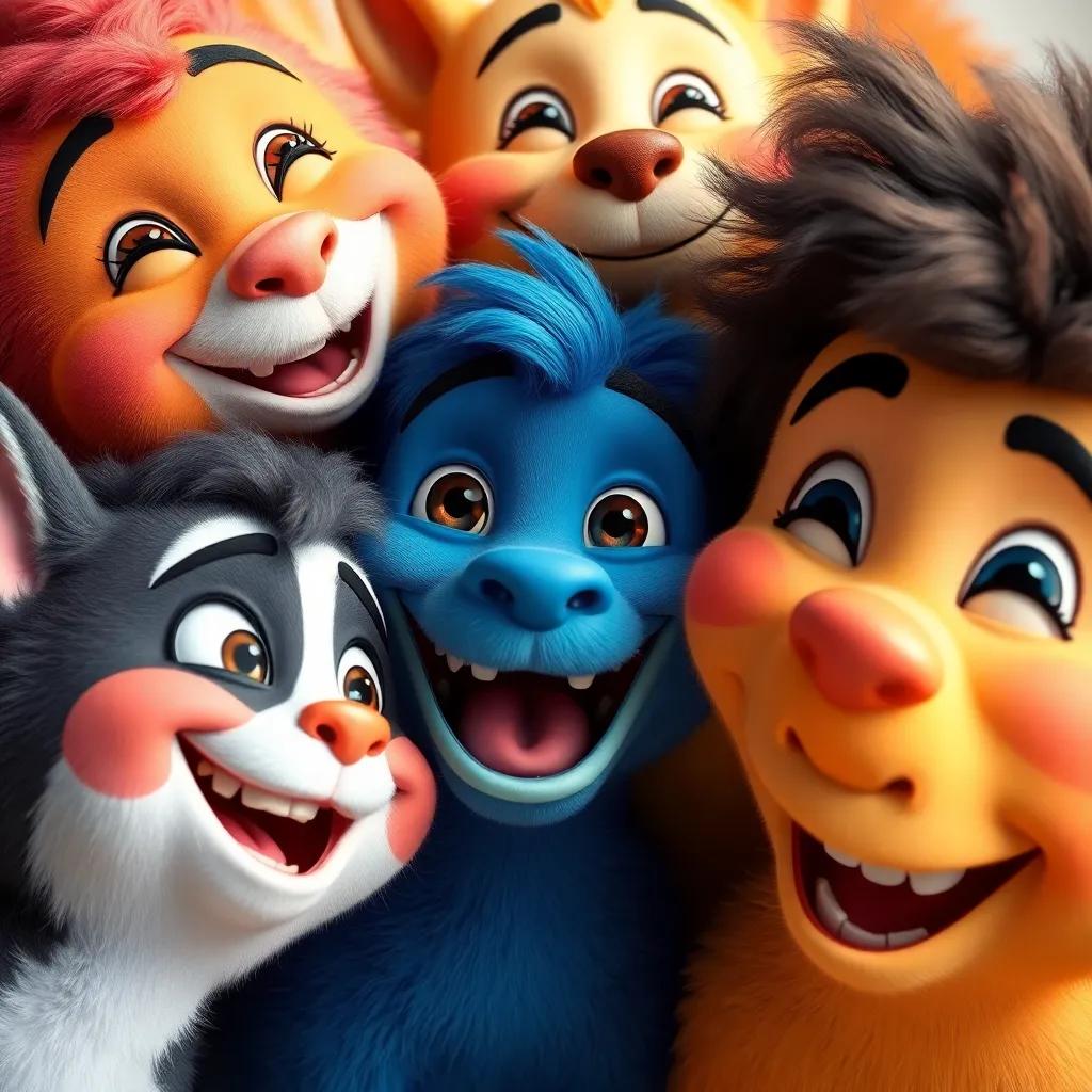 A detailed close-up of different colors smiling and playing together, showcasing their unique personalities, colorful and joyful, vivid details, high resolution