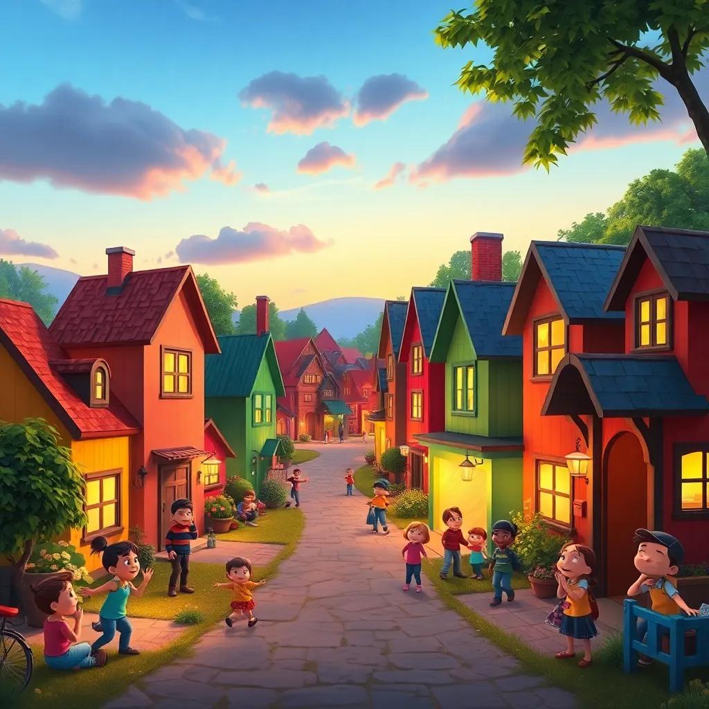 A warm and inviting village scene with colorful houses and lots of happy characters playing together, beautiful evening light, cheerful atmosphere, colorful artistic representation
