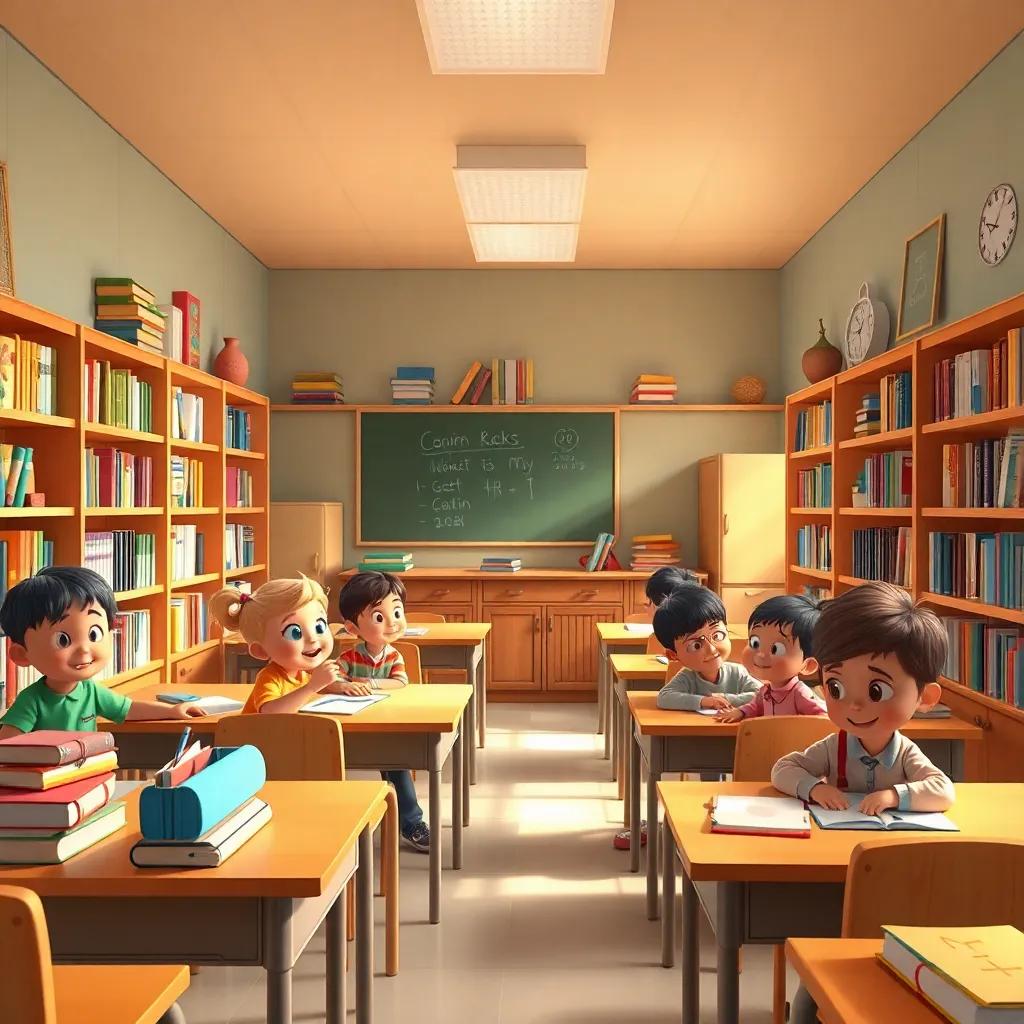 A small colorful classroom filled with books, with children sitting at their desks, looking curiously around, digital art, bright colors, cheerful atmosphere, warm lighting, high quality
