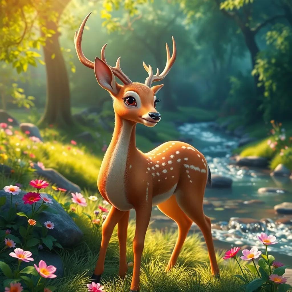 A beautiful deer named Zahi, with shining fur, standing gracefully near a sparkling river in a lush green forest, filled with colorful flowers, digital art, vibrant colors, warm light, inviting atmosphere, high quality