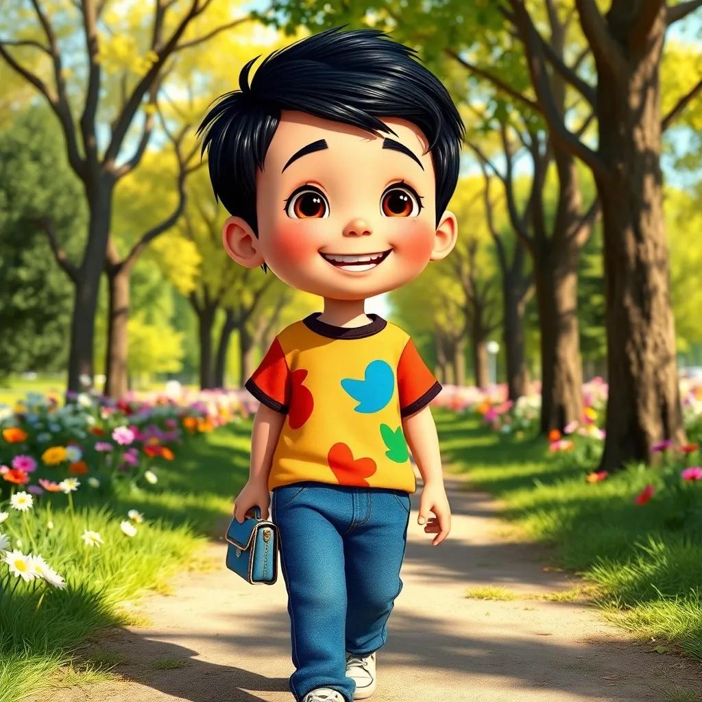 A small boy, Sami, with short black hair wearing a colorful t-shirt and jeans, walking in a sunny park while holding a small bag, surrounded by trees and flowers, joyful expression, digital art, bright colors, cheerful atmosphere, high quality
