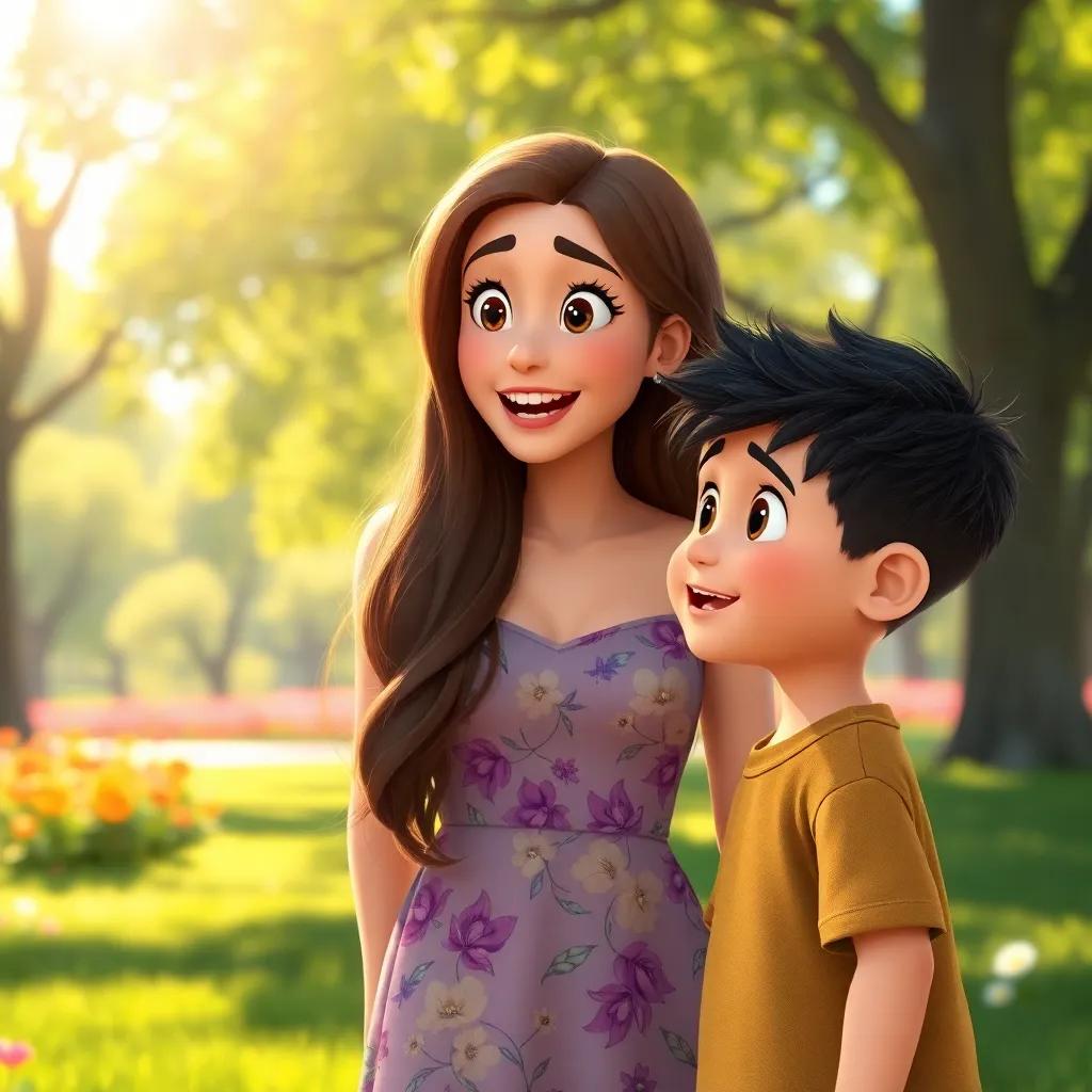 A happy woman with long brown hair wearing a floral dress, looking surprised and grateful while talking to a small boy, Sami, in a sunny park, with trees and flowers around them, warm light, vibrant colors, heartwarming scene, high quality