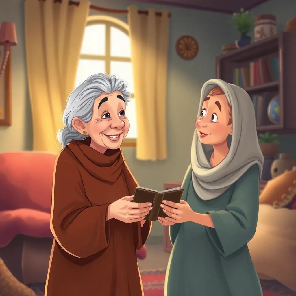 An elderly Arab woman with gray hair, wearing a traditional dress, smiling with gratitude as she receives her wallet back from Sami in her cozy home, warm light, inviting, engaging, heartwarming ambiance, high quality