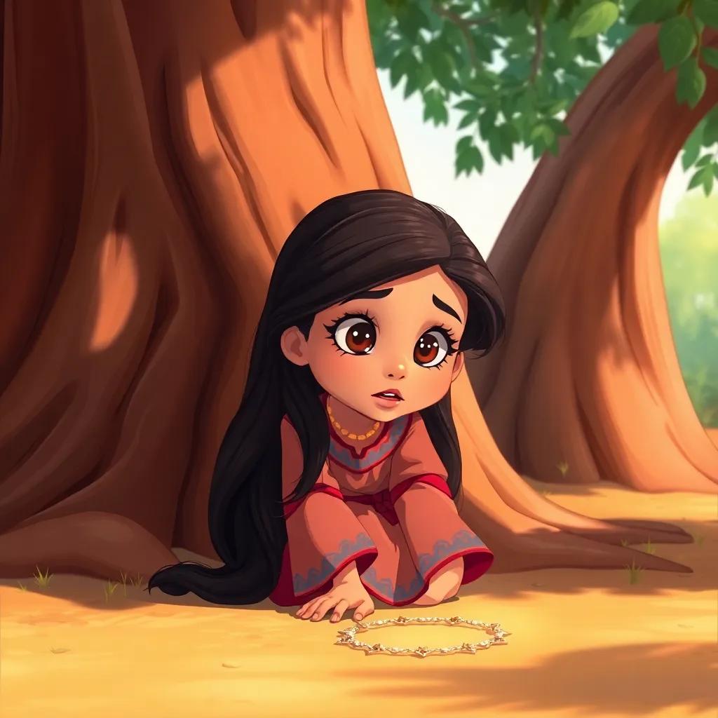 A young Arab girl, Leila, with long, dark hair, wearing a colorful dress, kneeling under a large tree, looking surprised at a shiny necklace on the ground, detailed illustration, warm colors, inviting atmosphere, high quality