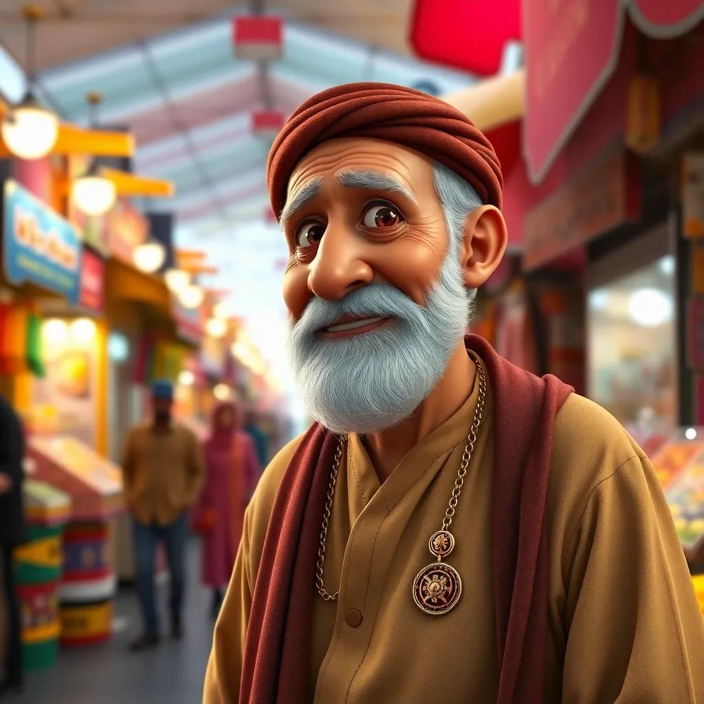 An elderly Arab man with a beard, looking relieved and grateful, standing in a bustling market filled with colorful stalls after receiving his lost necklace from Leila, digital art, cheerful scene, bright colors, uplifting perspective, high quality
