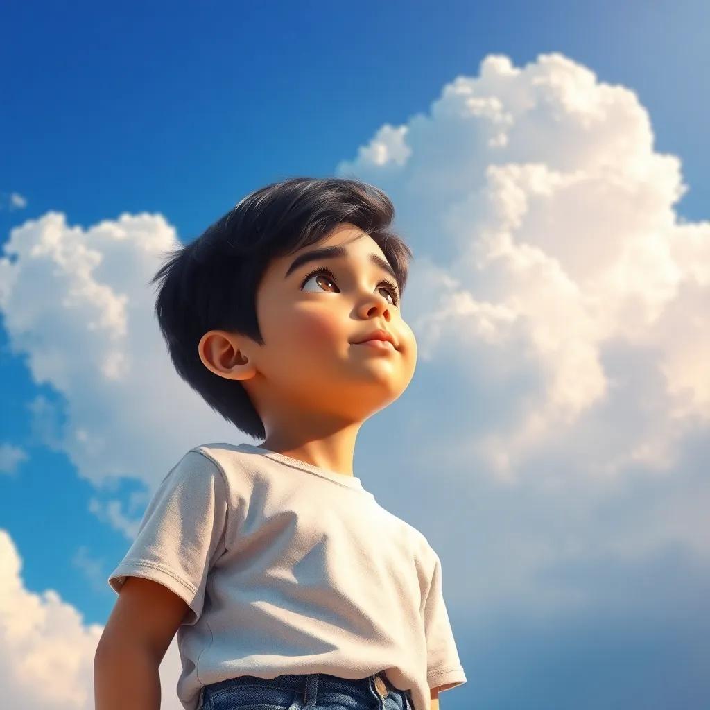 A young Arab boy, Sami, with short black hair, wearing a simple t-shirt and jeans, looking up at the sky with sparkling eyes, surrounded by fluffy white clouds and a bright blue sky, digital art, vibrant colors, inspiring atmosphere, high quality